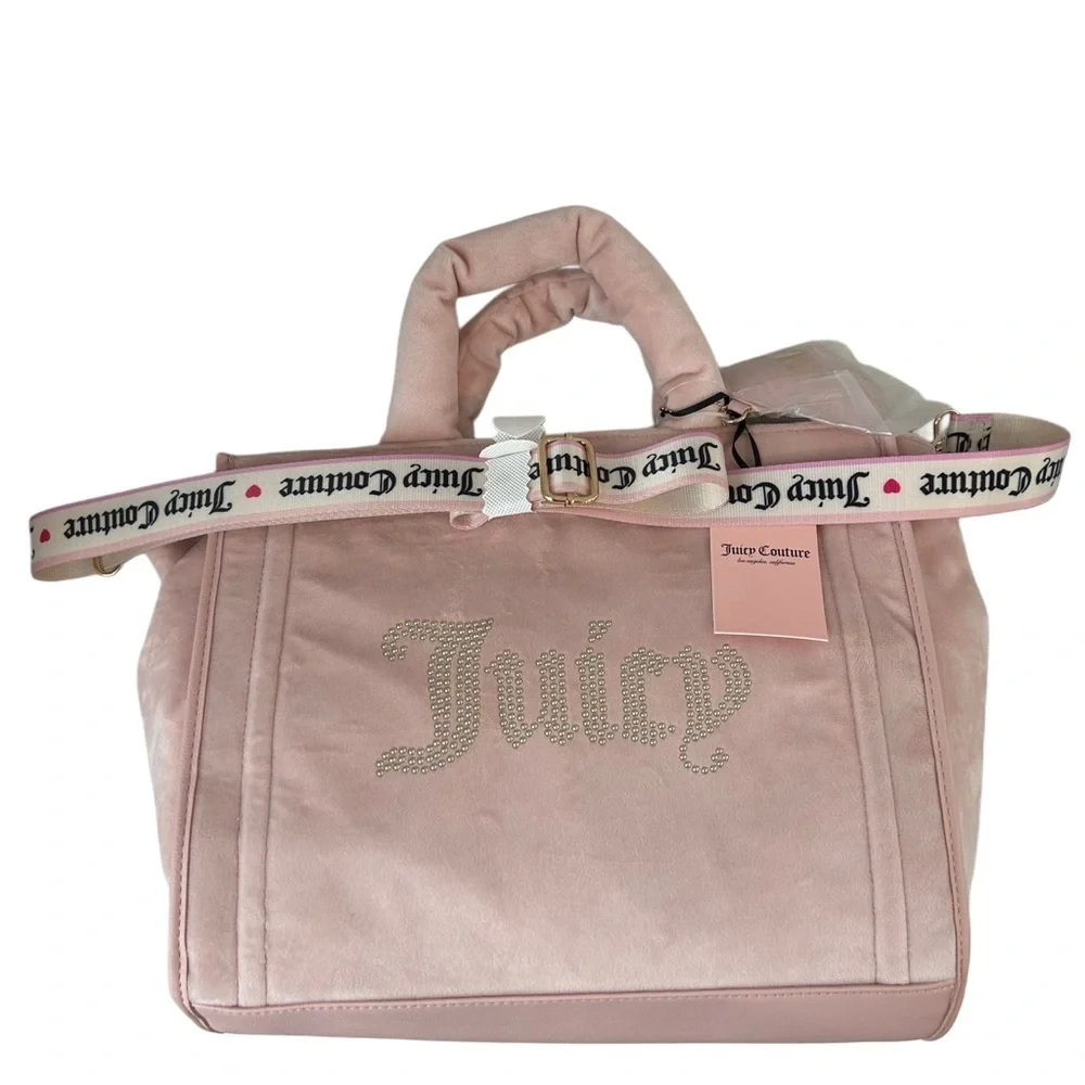 NWT Juicy Couture Large Pink Velour Tote Bag with Heart Charm